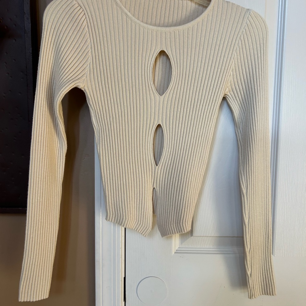 Cream Ribbed Cutout Sweater